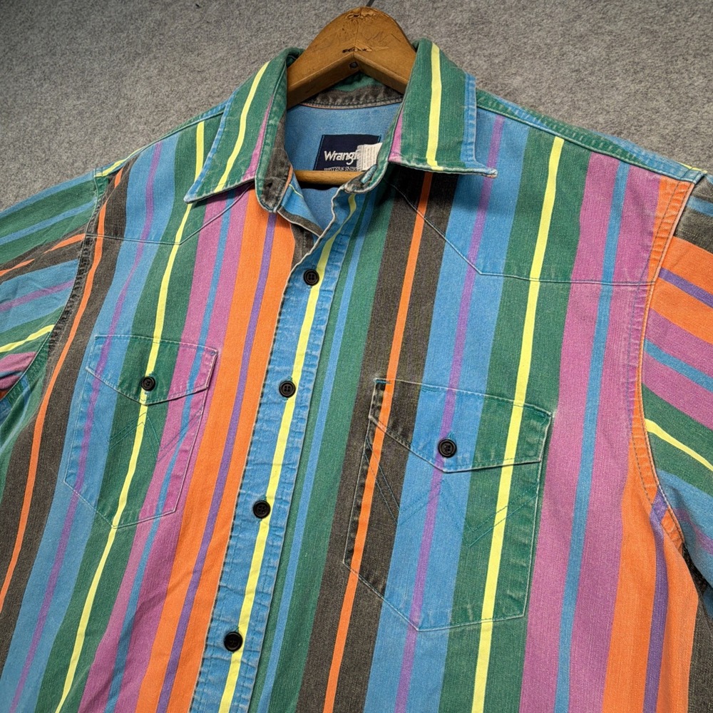 Vintage Wrangler Brushpopper Men's Size XL Blue Pink Striped Button Up 90s - Picture 2 of 9